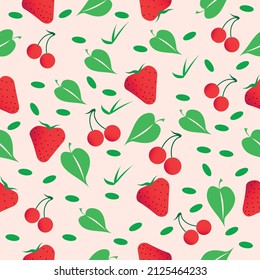 Seamless pattern with cherry strawberries and leaves on a pink background for a good mood.