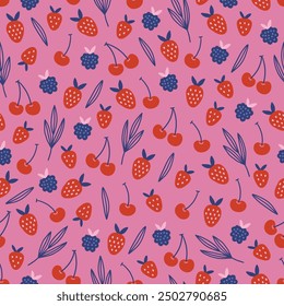 Seamless pattern with cherry, strawberry, blackberry, leaves on pink background. Perfect for birthday greetings, wallpaper, holiday wrapping paper, fabric. Vector illustration