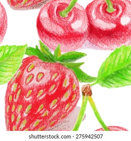 Seamless pattern with cherry and strawberry. Color pencils illustration. 