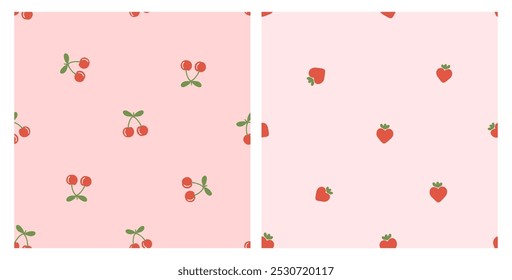 Seamless pattern of cherry and strawberry with green leaves on pink backgrounds vector. Cute fruit print.