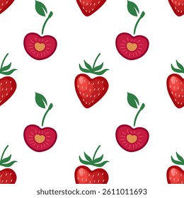 Seamless pattern with cherry and strawberry hearts on a white background for Valentines Day. Cute heart shaped cherries and strawberries background. Vector pattern for a wrapping paper, textiles, etc.
