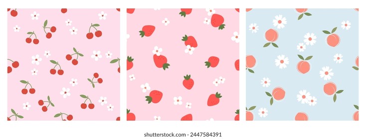 Seamless pattern with cherry, strawberry, peach and cute flower on pink and blue backgrounds vector. Cute fruit prints.