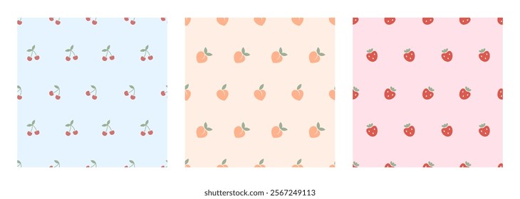 Seamless pattern of cherry, strawberry and peaches. Cute fruit prints. Juicy summer patterns for kids. Kawaii patterns with berries. Wallpaper templates, covers, wrapping, phone cases, prints