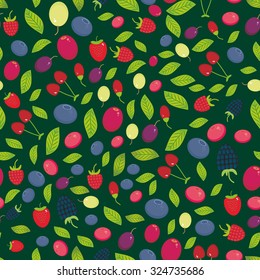 seamless pattern with Cherry Strawberry Raspberry Blackberry Blueberry Cranberry Cowberry Goji Grape on dark green background. Vector