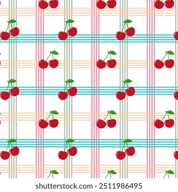 seamless pattern of  cherry with striped pastel pink check background ,vector ,illustration