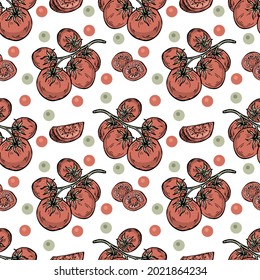 Seamless pattern of Cherry tomato. Branch of tomatoes, part and slices of tomatoes in doodle style. Vegan, farmed, organic food concept. Vector