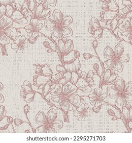 Seamless pattern with cherry tree blossom. Vintage hand drawn vector illustration in sketch style. Pink cherry flowers textile print, spring tree blossom fabric, rosy simple flowers.