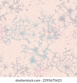 Seamless pattern with cherry tree blossom. Vintage hand drawn vector illustration in sketch style. Pink cherry flowers textile print, spring tree blossom fabric, rosy simple flowers.