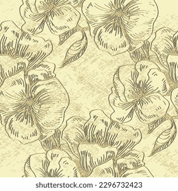 Seamless pattern with cherry tree blossom. Vintage hand drawn vector illustration in sketch style. Pink cherry flowers textile print, spring tree blossom fabric, rosy simple flowers.