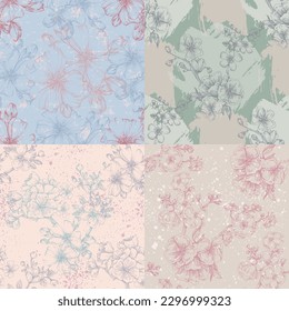 Seamless pattern with cherry tree blossom. Vintage hand drawn vector illustration in sketch style. Pink cherry flowers textile print, spring tree blossom fabric, rosy simple flowers.