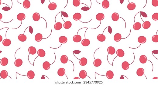 Seamless pattern with cherry in trendy style. Pink berries on white background.