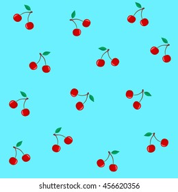 Seamless pattern with cherry twins, vector texture for surfaces on blue background