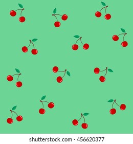 Seamless pattern with cherry twins, vector texture for surfaces on green background