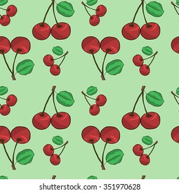 Seamless pattern with cherry. Vector. Green background