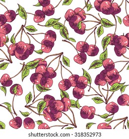 Seamless pattern cherry. Vector hand-drawn illustration