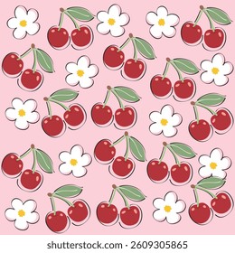 Seamless pattern with cherry and white flowers on pink background