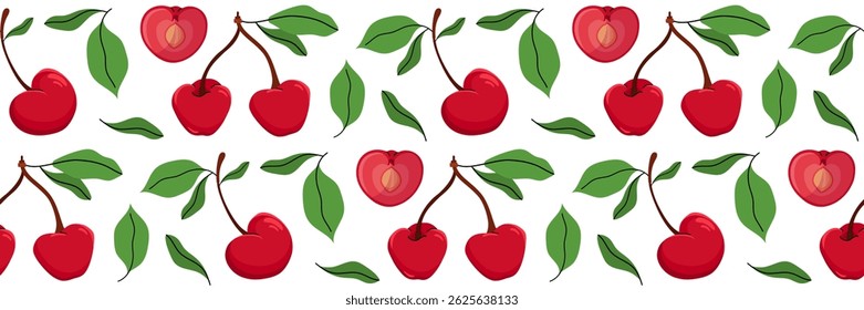 Padrão sem costura com cereja, inteiro e um fatiado ao meio mostrando poço. Fundo do jardim da primavera. Perfeito para design têxtil, menu, embalagem, cozinha. Ilustração de vetor de desenhos animados.