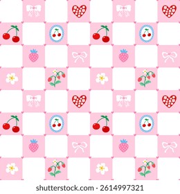 Seamless pattern with cherry, wild strawberries, hearts, flower and gingham. Ideal for children clothing, Valentines fabric, and sweet romantic prints