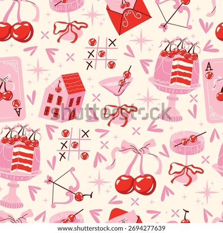 Seamless pattern cherry-themed decorative elements cherries with bows, cake, cocktail, playing card, envelope with letter, house. Flat vector illustration. Valentine and love concept