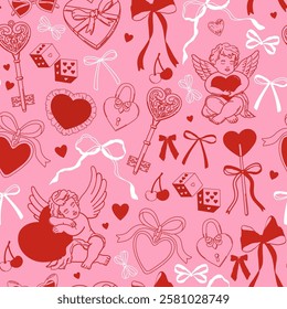 Seamless pattern with cherub, cherries, coquette bows, hearts on pink background. Valentine date. Vintage stickers. Vector illustration for wrapping paper, packaging, fabric, phone case etc.