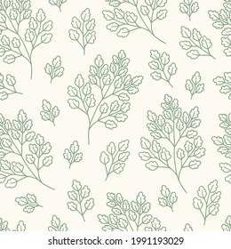 Seamless pattern with chervil on beige background. Perfect for menu, fabric, wallpaper, culinary books. Contour vector illustration