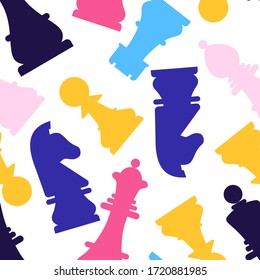 Seamless pattern with chess colorful figures. On white background. Vector flat. King, queen, pawn, rook, horse, bishop. Game concept. wallpaper, wrapping, fabric textile print for kids clothes bag