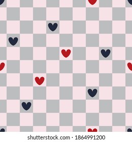 Seamless pattern with chess desk and blue and red heart on it. Vector endless texture.  For fabric, wrapping paper, greeting cards, bed linen