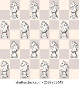 Seamless pattern with a chess knight on a checkered background. Print in pastel colors
