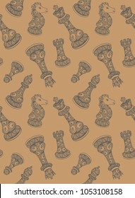 Seamless pattern with chess piece. For your design, textile, fabric, surface textures, packaging, scrapbooking, chess school or chess club. King, queen, pawn, bishop, knight and rook