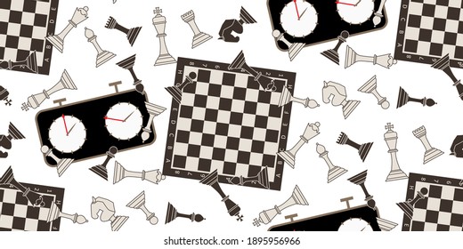 Seamless pattern with chess pieces. Monochrome flat king, queen, bishop, knight, rook, pawn, chess board and chess clock. Perfect for textile, wallpapers, web page, packaging materials. Vector