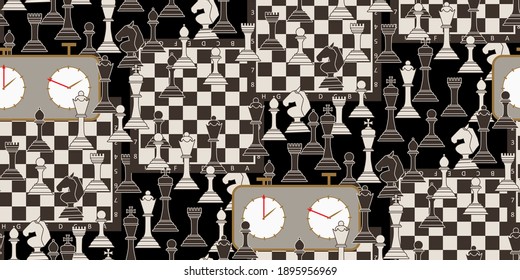 Seamless pattern with chess pieces. Monochrome flat king, queen, bishop, knight, rook, pawn, chess board and chess clock. Perfect for textile, wallpapers, web page, packaging materials. Vector