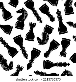 Seamless pattern with chess pieces on white background. Black and white vector illustration for the design of sports chess projects.