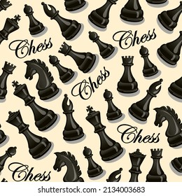 Seamless pattern with chess pieces. Sports background in a hand drawn childish style. Black and dark yellow vector illustration for the design of sports chess projects.