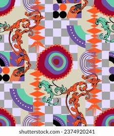 Seamless pattern with a chess square and  abstract figures. Fashion textiles, fabric, packaging.