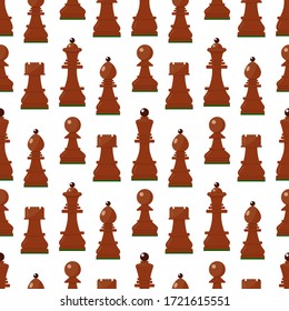 Seamless pattern with chess wooden figures. Brown pieces on white. Vector.King, queen, pawn, rook, horse, bishop. Game concept. wallpaper wrapping background fabric textile