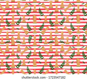 Seamless pattern with chess wooden figures.On texture lines with leaves. Vector.King, queen, pawn, rook, horse, bishop. Game concept. wallpaper, wrapping background fabric textile