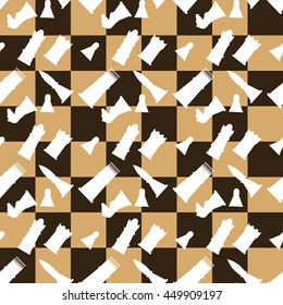 Seamless pattern chessboard and chess pieces. Game strategy and leisure, vector illustration