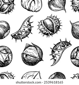 Seamless pattern with chestnut fruits. Vector graphics depicting chestnut fruits in the peel and without the peel, fried and raw. A black and white hand-drawn illustration. On a white background.