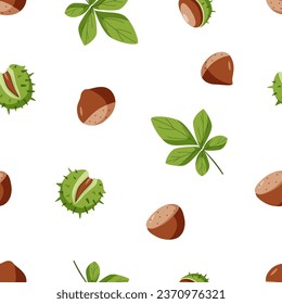 Seamless pattern Chestnut set vector illustration. Cartoon drawing of chestnut nuts in a shell and leaves.