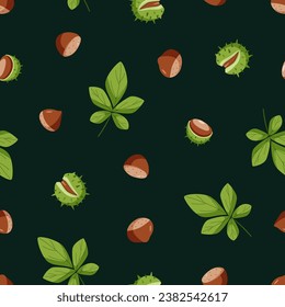 Seamless Pattern Chestnut set vector illustration. Background wallpaper Cartoon drawing of chestnut nuts in a shell and leaves.