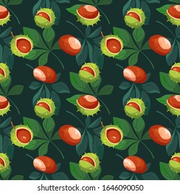 Patrón inoxidable con castaño, rodajas, hojas y cáscaras. Textura vectorial para textil, postal, embalaje, papel pintado. Fondo moderno de castaño estilizado dibujado a mano, repetir ilustración.