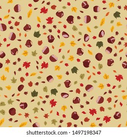 Seamless pattern with chestnuts and autumn leaves. Flat cartoon style. Vector illustration. or wrapping paper, covers, textile.