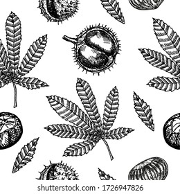 Seamless pattern with chestnuts and autumn leaves. Seamless pattern with chestnut leaves on an isolated background. Windy  leaves.