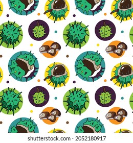 Seamless pattern with chestnuts on a white background. Vector illustration. Illustration for wrapping paper, post cards, prints for clothes, emblems, advertising and packaging.