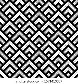 Seamless pattern. Chevrons, checks ornament. Folk wallpaper. Angle brackets, diamonds background. Tribal motif. Ethnic mosaic. Curves, squares backdrop. Digital paper, textile print, abstract. Vector.