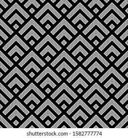 Seamless pattern. Chevrons, checks ornament. Angle brackets, diamonds background. Folk wallpaper. Tribal motif. Ethnic image. Digital paper, textile print, abstract. Curves, squares backdrop. Vector.