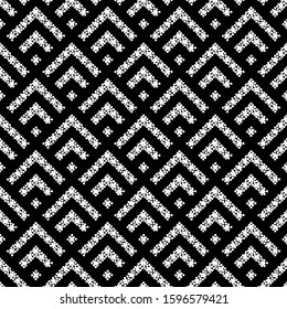 Seamless pattern. Chevrons, checks ornament. Tribal motif. Curves, squares backdrop. Figures from mini circles wallpaper. Ethnic mosaic. Angle brackets, diamonds background. Digital paper, abstract.