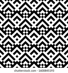 Seamless pattern. Chevrons, checks ornament. Curves, squares backdrop. Folk wallpaper. Angle brackets, diamonds background. Tribal motif. Ethnic mosaic. Figures, tiles abstract. Textile print. Vector.