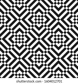 Seamless pattern. Chevrons, checks ornament. Tribal motif. Ethnic ornate. Curves, squares backdrop. Folk wallpaper. Ancient mosaic. Angle brackets, quadrangles. Abstract.