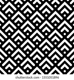 Seamless pattern. Chevrons, circles ornament. Brackets, dots wallpaper. Curves, rounds illustration. Ethnic motif. Textile print, web design, abstract backdrop. Geometric background. Vector artwork.